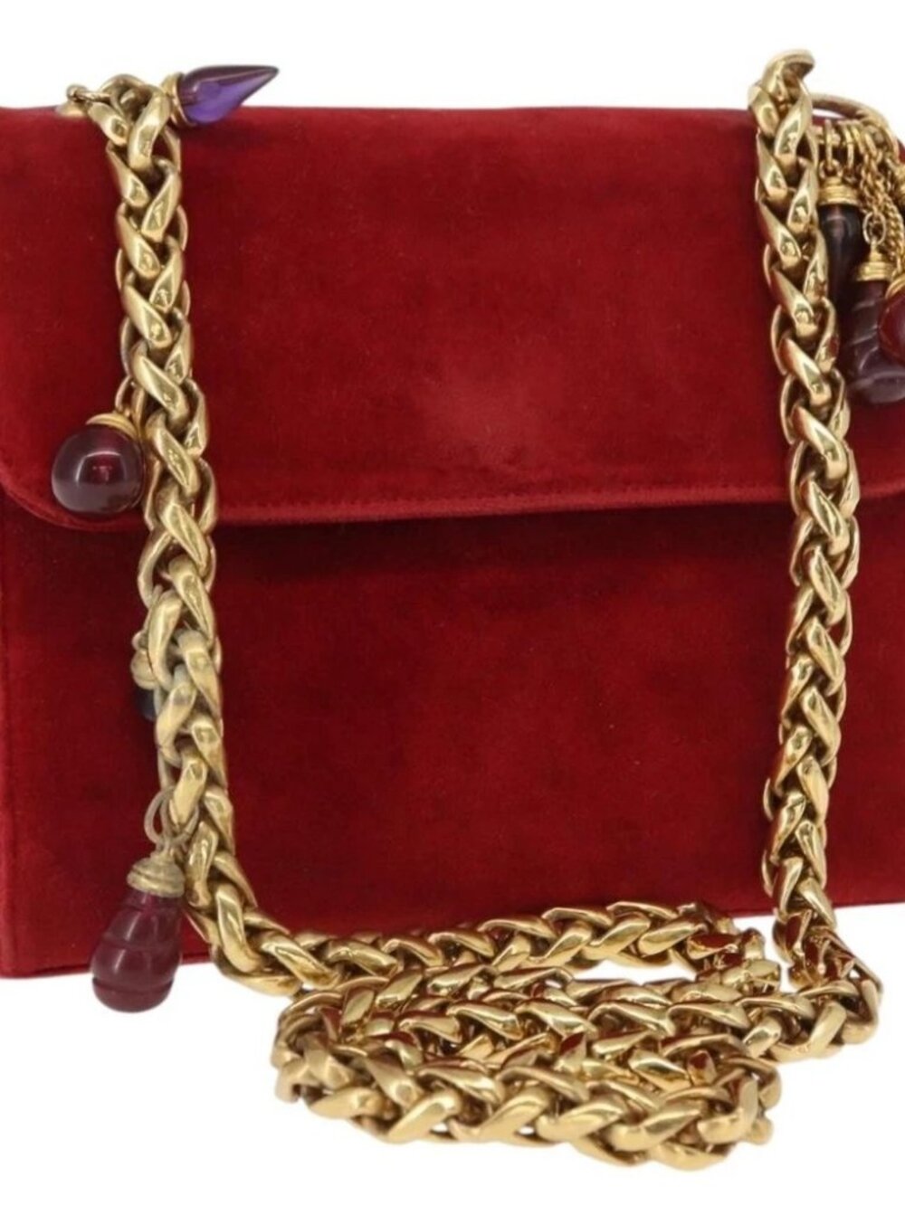 LOEWE Shoulder Bag Velor Red Gold Auth